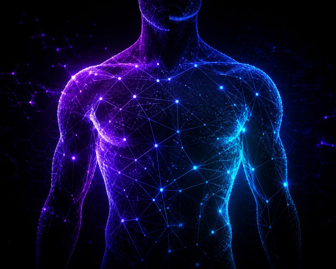 Neon node network forming a male human silhouette, representing tracked biological metrics